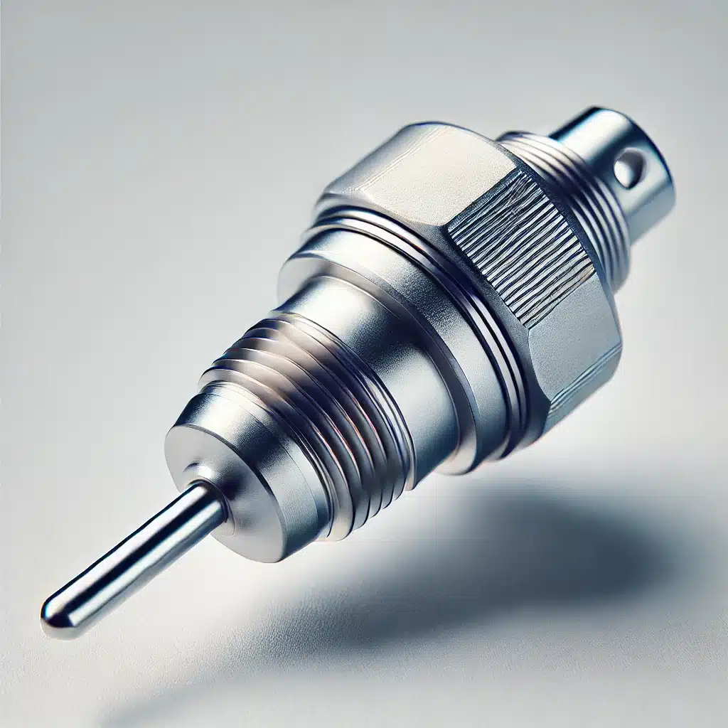 DALL·E 2024-08-23 12.44.08 - A detailed image of a temperature sensor similar to the one provided. The sensor should feature a metallic cylindrical body with a threaded end and a