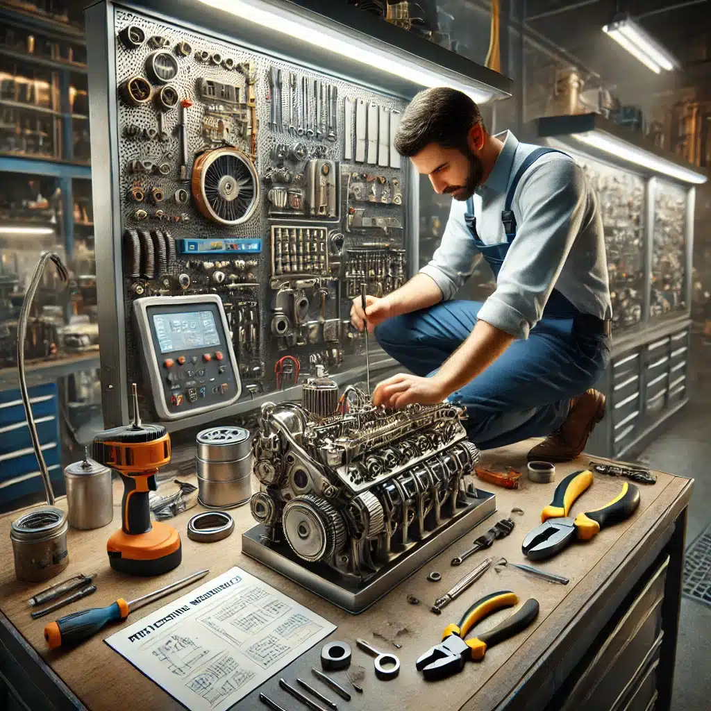 Técnico realizando manutenção preventiva em equipamento industrial.