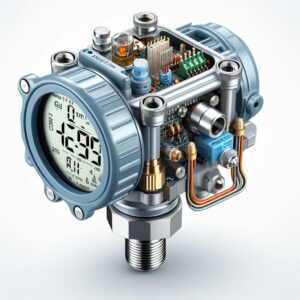 Transmissor de pressão diferencial, com design robusto e conexões para medir a diferença de pressão entre dois pontos.